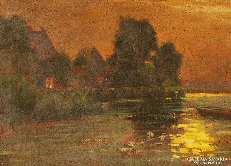 Visnyai z.: Boatman in moonlight - oil on canvas painting, framed