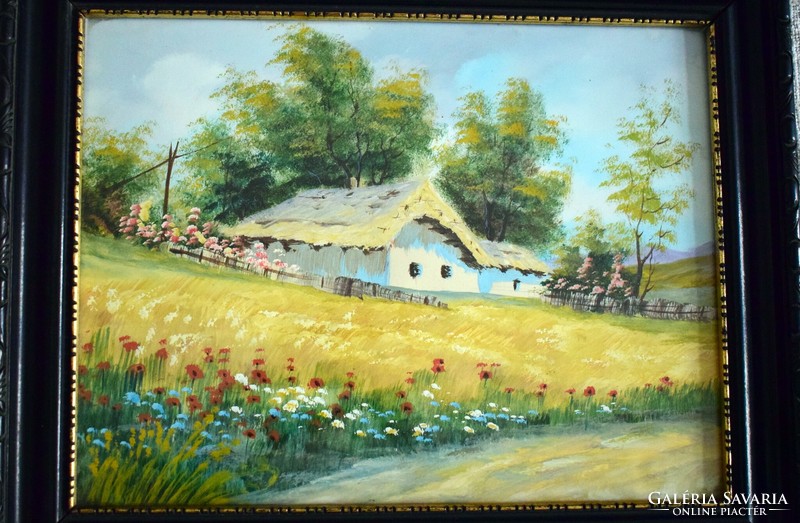 Tanyavilág , vidám vidék festmény tempera 33 x 25 cm keretezett kép