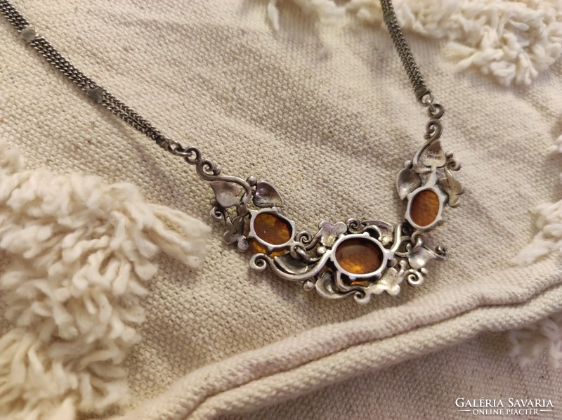 Israeli silver necklace with amber stones