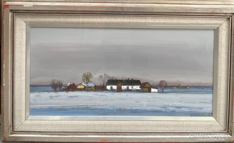 Painting by István Moldován (1911-2000) winter farm c. Képcsarnokos