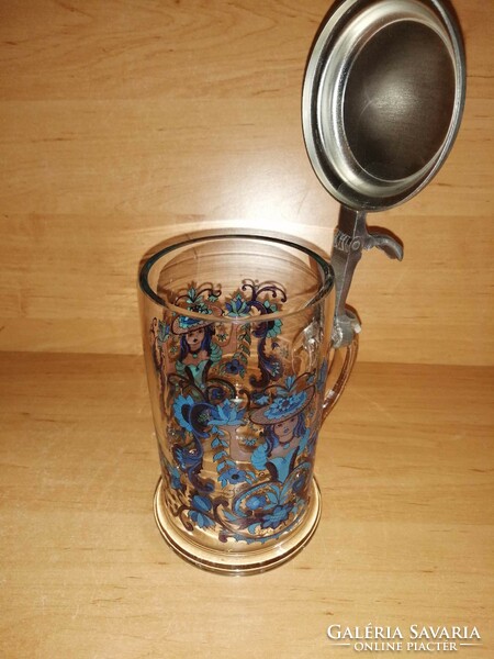 Half liter German glass beer mug with tin lid (b)