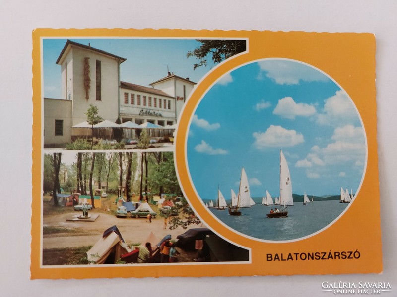 Old postcard retro photo postcard Balatonszárszó camping boats restaurant