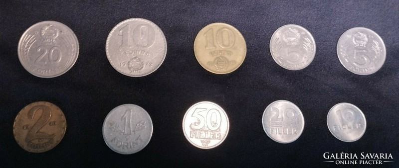 Old Hungarian coins (1, 2, 5, 10, 20 forints, 10, 20, 50 fils)