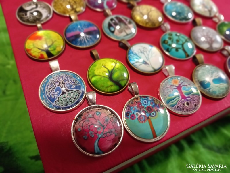 Bronze and silver-plated pendants, amulets with tree of life glass lenses