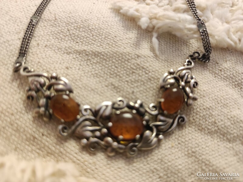 Israeli silver necklace with amber stones