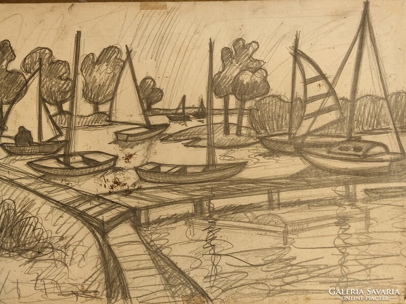 Contemporary painter Attila Korényi, Balaton harbor with ships, monotype pencil sketch without frame