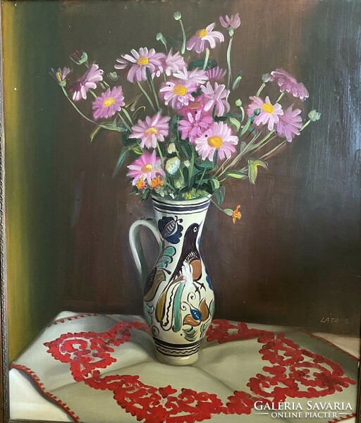 Láta László (1938- ): Lila Virág, olaj festmény