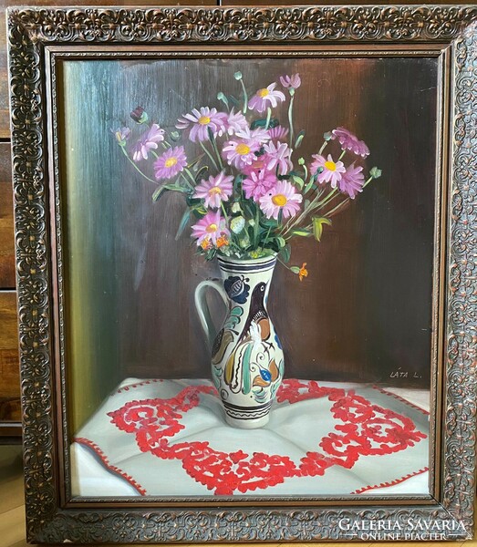 László László (1938- ): purple flower, oil painting