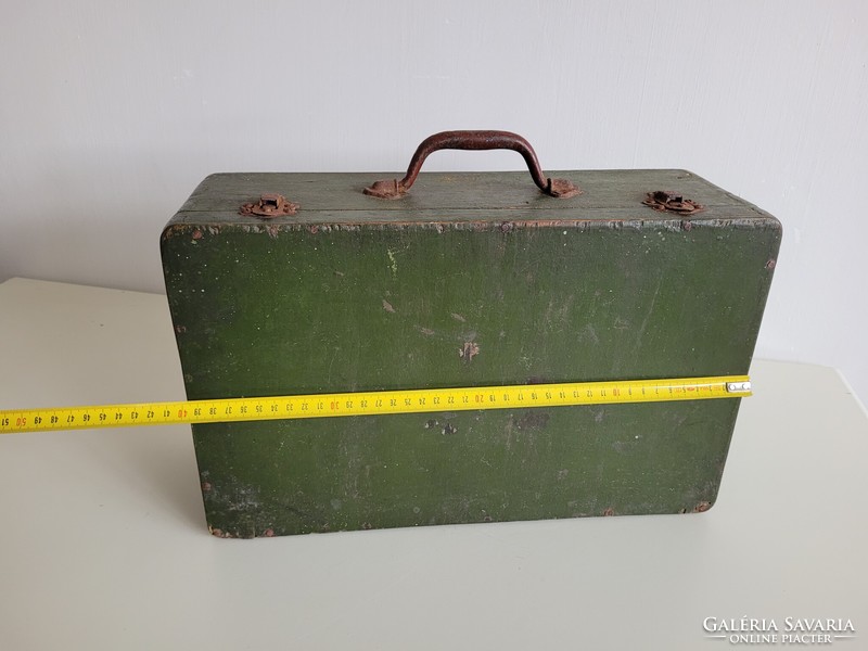 Régi katonai kis fa bőrönd táska fogantyús fa szállító doboz 40 cm