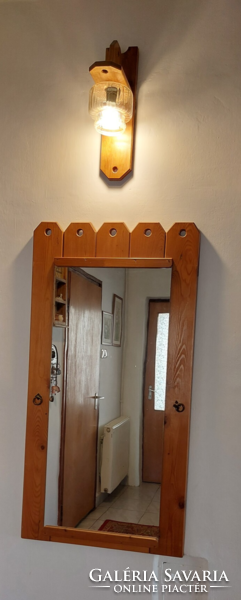 Wooden framed mirror and wall lamp, with yellow glass cover, old antique, retro, unique, hall set