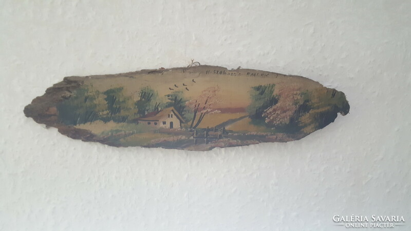 Régi fára festett tájkép-falidísz