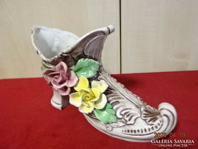Antique, glazed ceramic boots, hand-painted, rose pattern. Jokai.