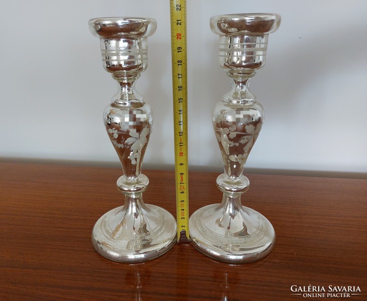 Huta glass, old candle holder, silver glass, 2 pcs
