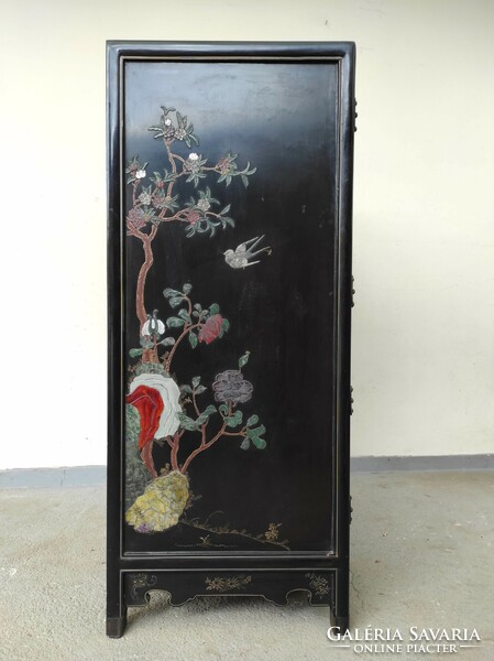 Antik kínai bútor növény madár zsírkő dombor berakásos festett fekete lakk szekrény 601 7306