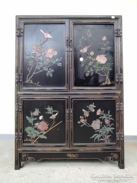 Antique Chinese furniture plant bird grease stone convex inlaid painted black lacquer cabinet 601 7306