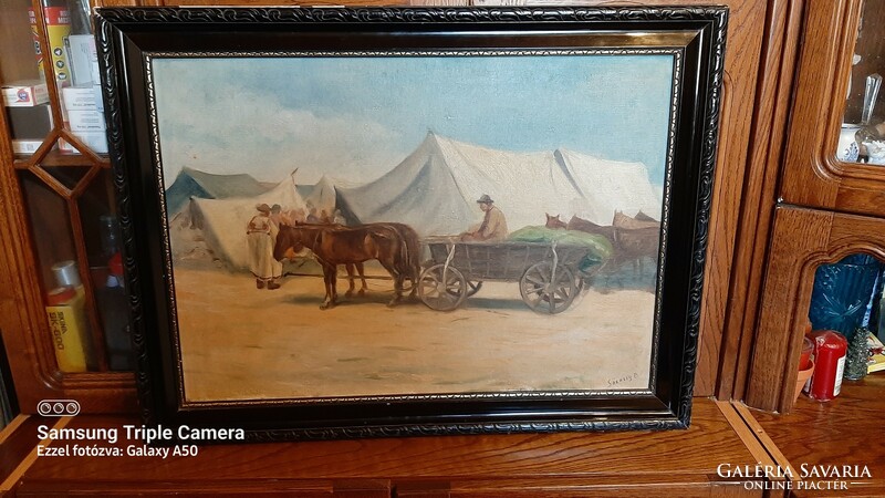 Sárossy  B festőművész. lovas festmény( korának megfelelő állapotban a festmény és a keret egyaránt)