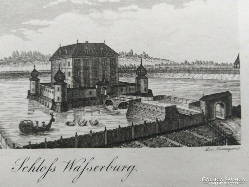 Schloss Wasserburg, Austria?. Original wood engraving ca. 1835