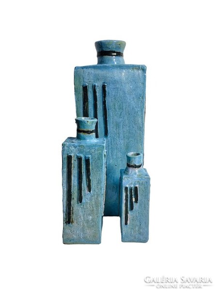 Mid Century Modern púderkék mázas 3 darabos kerámia váza szett, 1960's / 1970's - 50606