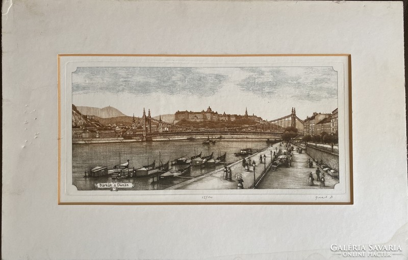 Gaál domokos: barges on the Danube - etching