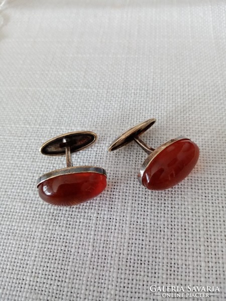 Marked gilt silver Russian cufflink with amber