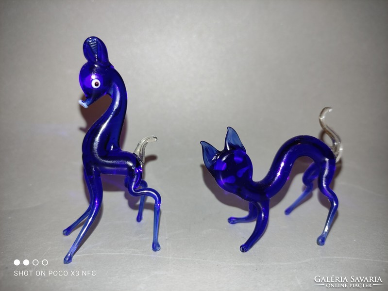 Murano mini blue glass animal figure, two together, kitten, deer