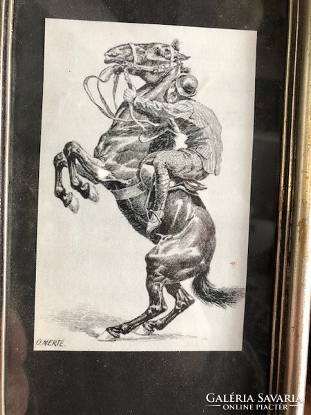 O. Merté szignóval ágaskodó ló, tus rajz, papiron , 28 x 18 cm-es