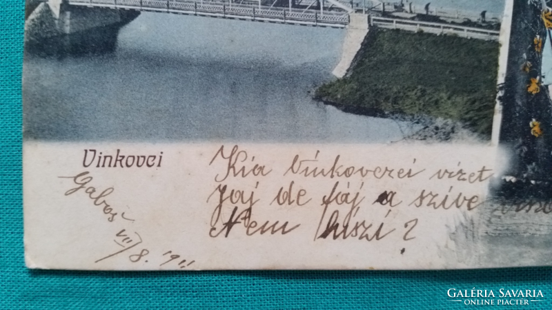 Antik képeslap,Vinkovce, Vinkovci; látkép híddal, szlavóniai népviselet, montázs képeslap 1911