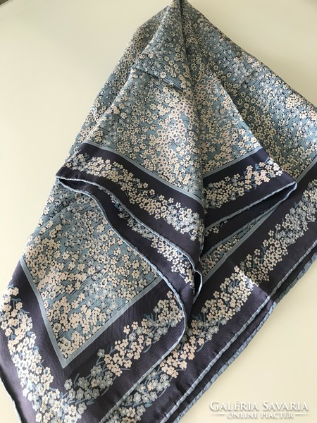 Silk scarf in dull blue with small pale pink flowers, 77 x 74 cm