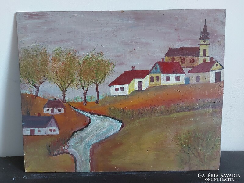 Unsigned painting - the artist is on a certain canvas ... Maybe - village edge with a church and a stream - 459