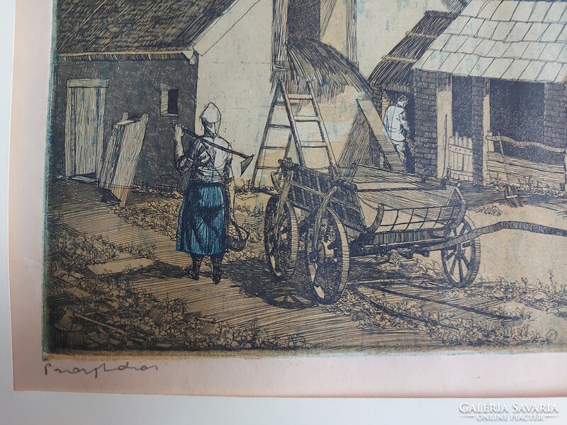 Szignált festett rézkarc, Varga Gyula - Parasztudvar c. képe 472