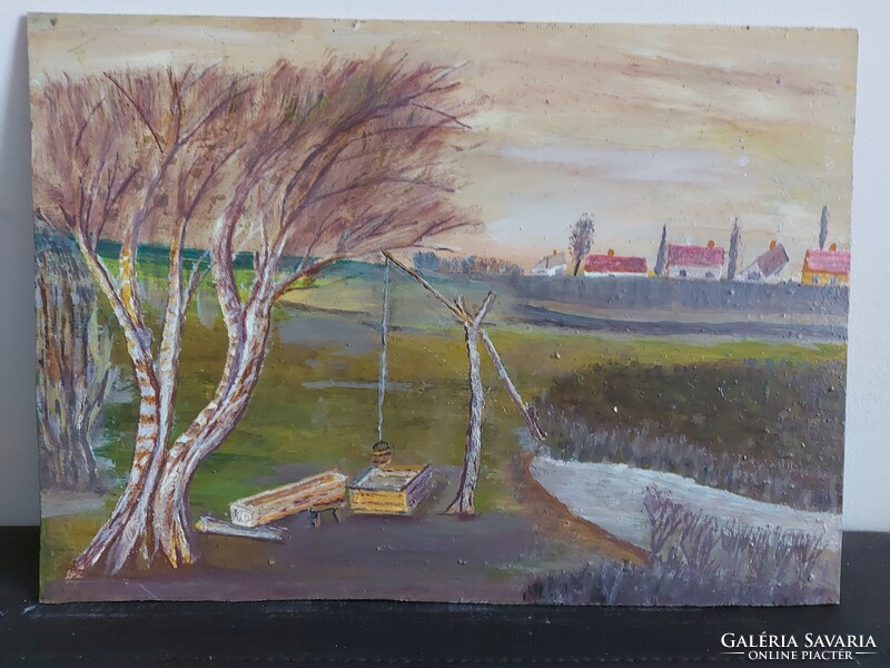 Szignálatlan festmény - Tópart fákkal, gémeskúttal, háttérben faluval - 473