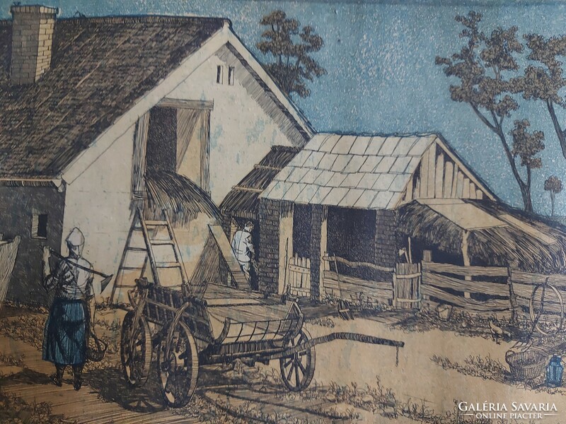 Signed painted etching, varga gyula - farm yard c. Picture 472