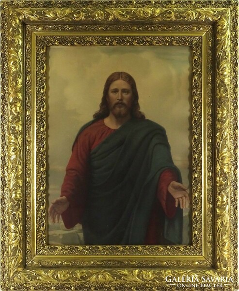 1M171 Antik keretezett Jézus portré olajnyomat