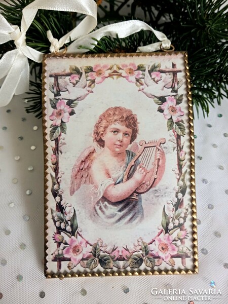 Réz keretes kétoldalas kis kép angyalkás karácsonyi 13.2x9cm