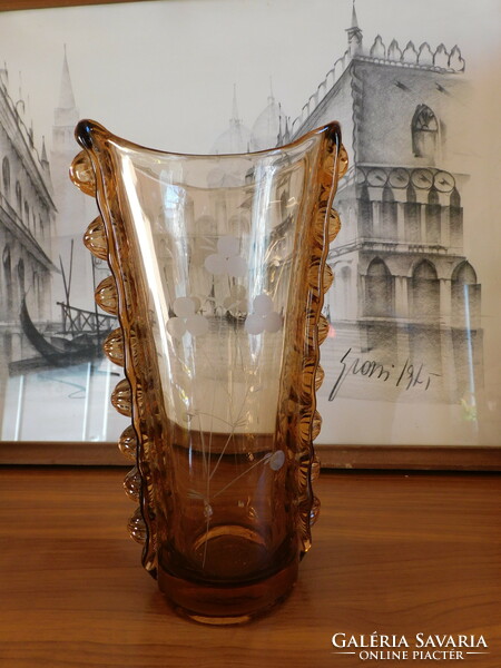 Huta laura tarnów cammed, etched glass vase - 70s