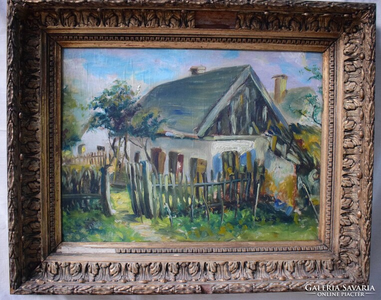 Tanyavilág , vidám vidék olaj festmény 42,5 x 31 cm + keret , ami hibás , keretezett kép