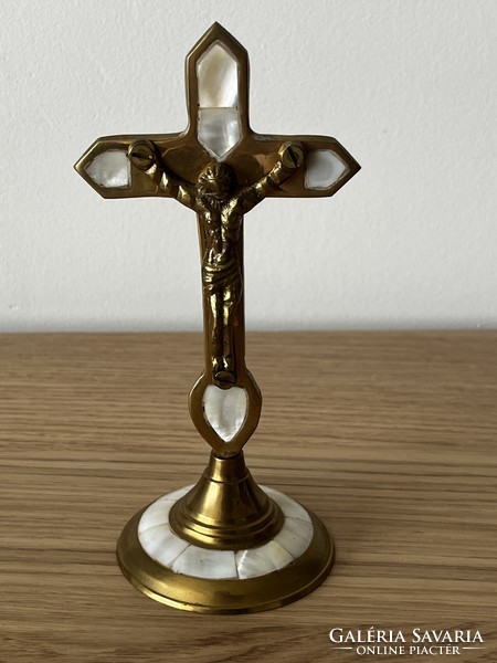Copper crucifix with mother-of-pearl inlay, tabletop. Flawless!