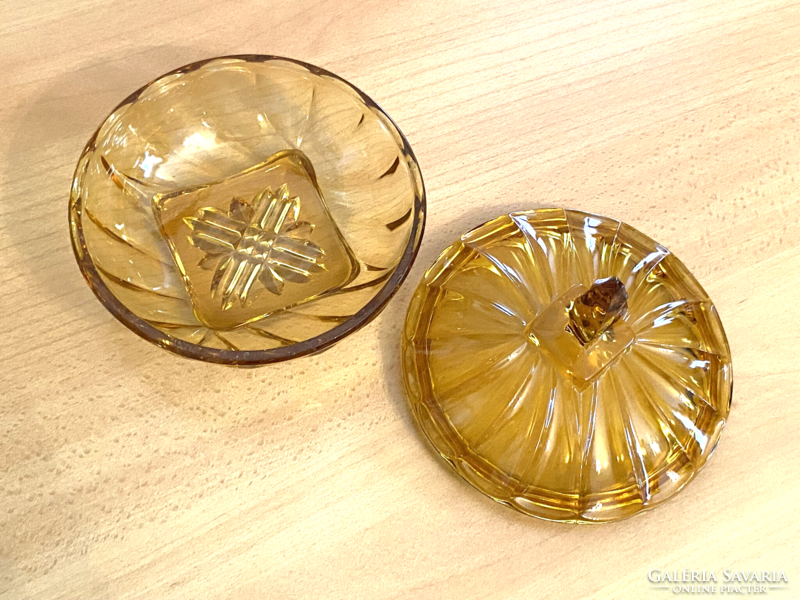 Amber colored art deco glass jewelery bowl with lid