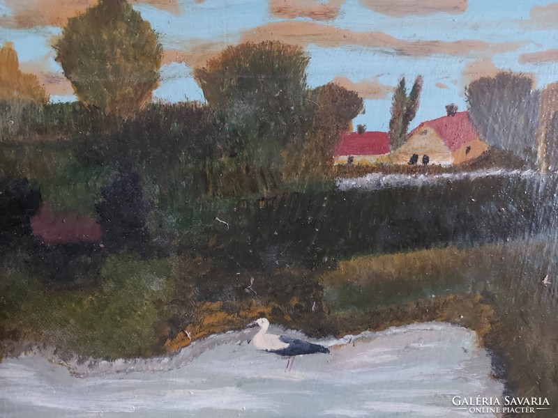 Unsigned painting - the artist may be on a certain canvas - lake shore with stork - 483