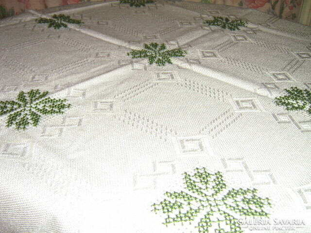 Beautiful, elegant butter-colored hand-embroidered woven tablecloth with a lace edge