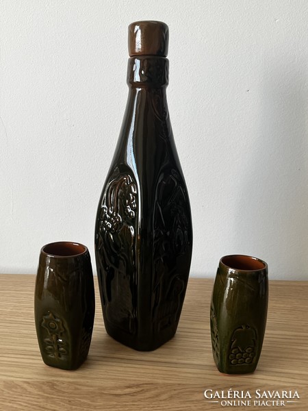 Old ceramic wine set (bottle + 2 glasses)