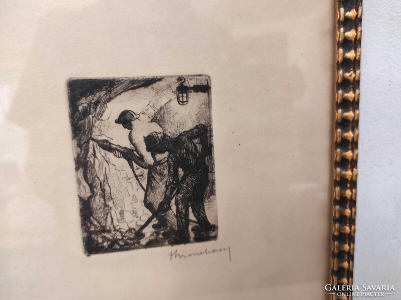 Antique miner caver copperplate print signed graphic in frame 238 7002