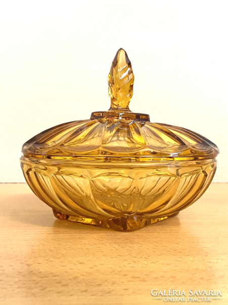 Amber colored art deco glass jewelery bowl with lid