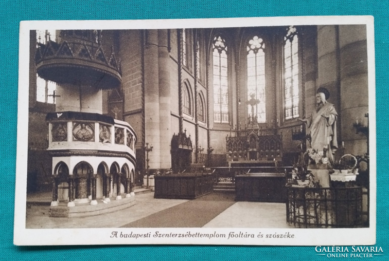 Budapest, Szent Erzsébet-templom, főoltára és szószéke, postatiszta  Divald képeslap