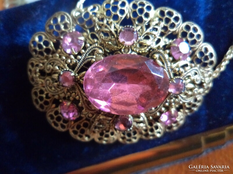 Collectible antique filigree brooch with pink stones, large size