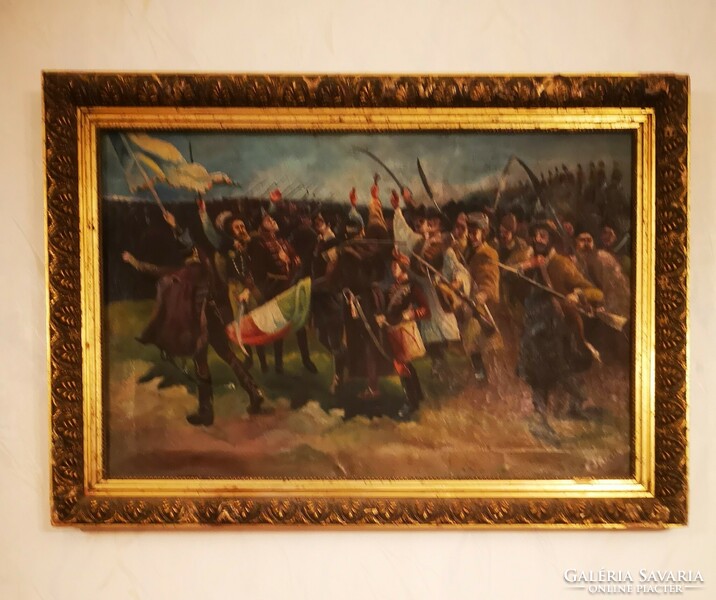 Antique battle scene painting, hussars in the background, foot attack in front. With Hungarian flag