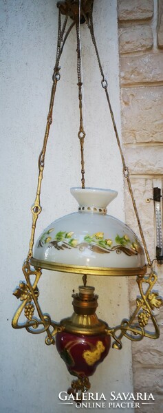 Antique art nouveau majolica lamp, chandelier with illuminated painted shade