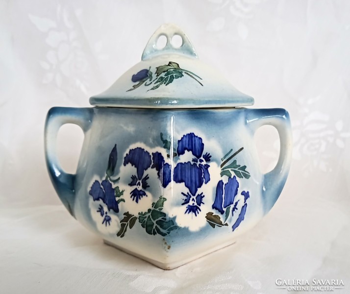 Antique faience blue pansy sugar bowl 15x13cm