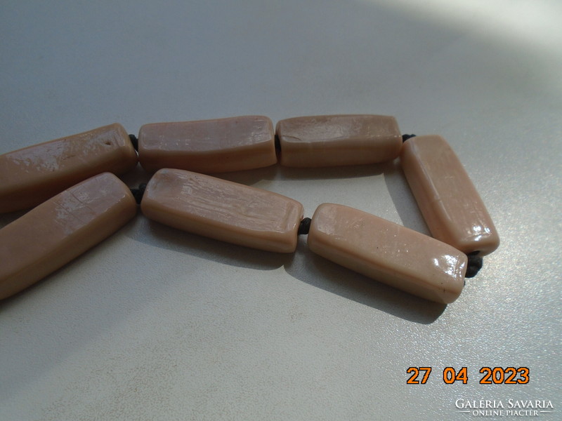 Art deco handmade beige-pink opal glass 7 large rectangular tubes of pearl necklaces