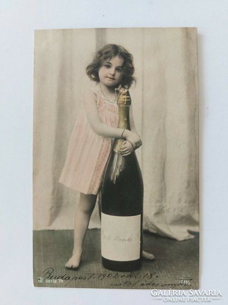 Old New Year's card 1902 photo postcard little girl champagne